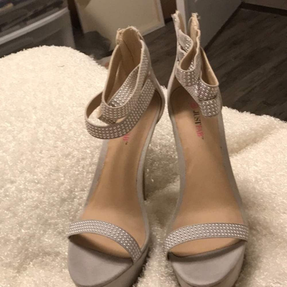 Gray crystal studded semi platform heels